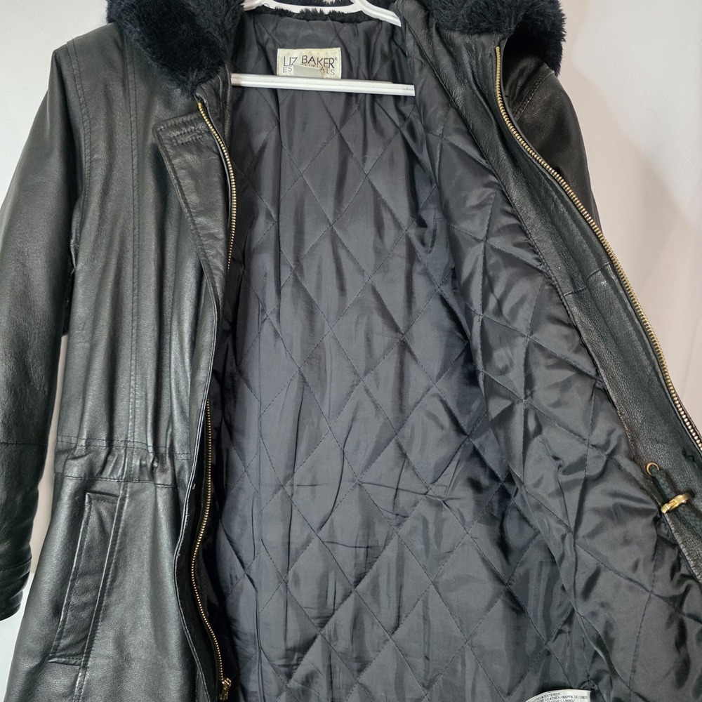 Vintage Genuine Leather Black‎ Coat Faux Fur Hood Y2K Minimalist Jacket - Picture 13 of 16
